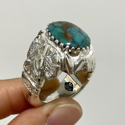 خاتم فضة رجالي بحجر فيروز نيشابوري طبيعي