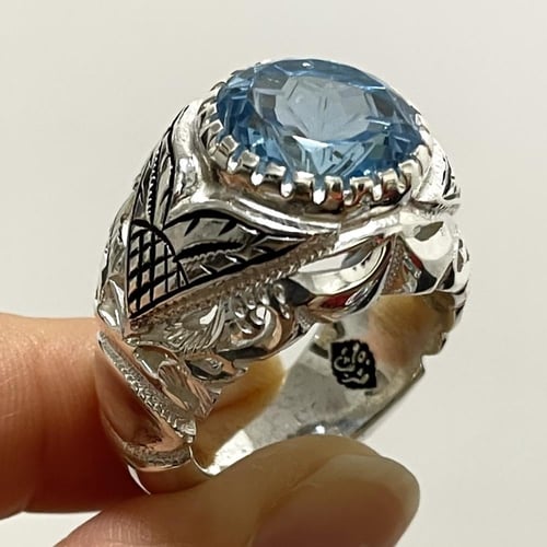 خاتم فضة رجالي بحجر توباز برازيلي لون سويسري