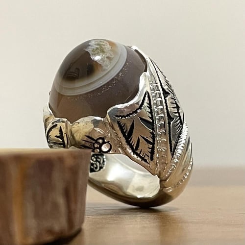 خاتم فضة رجالي بحجر عقيق سليماني طبيعي