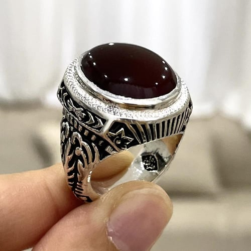 خاتم فضة رجالي بحجر عقيق كبدي يماني طبيعي