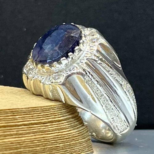 خاتم فضة رجالي بحجر زفير افريقي مرصع موزنايت