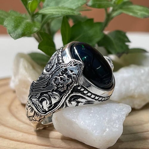 خاتم فضة رجالي بحجر اوبال اثيوبي طبيعي