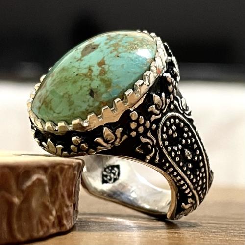خاتم فضة رجالي بحجر فيروز نيشابوري حسيني طبيعي