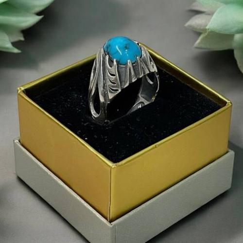 خاتم فضة رجالي بحجر فيروز كرماني طبيعي