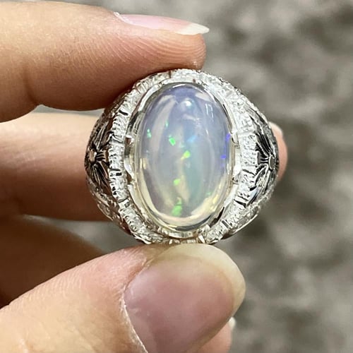خاتم فضة رجالي بحجر اوبال اثيوبي طبيعي مرصع الماس...