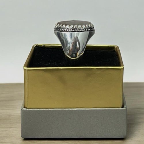 خاتم فضة رجالي بحجر عقيق مصور يماني طبيعي