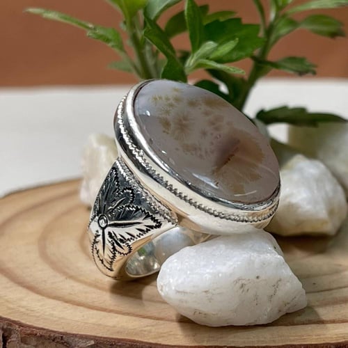 خاتم فضة رجالي بحجر عقيق مشجر يماني طبيعي
