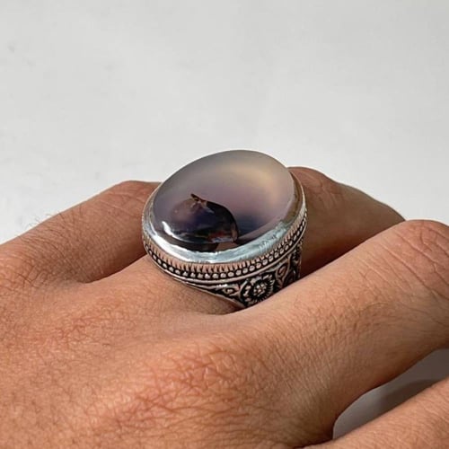 خاتم فضة رجالي بحجر عقيق مصور يماني طبيعي