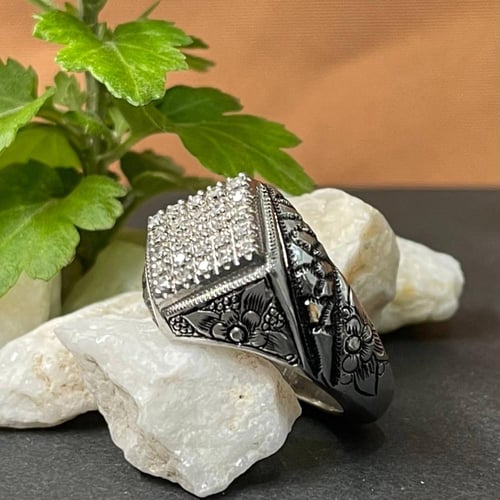 خاتم فضة رجالي مرصع الماس طبيعي