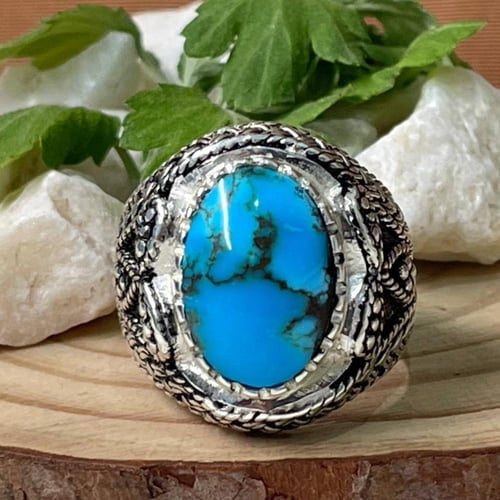 خاتم فضة رجالي بحجر فيروز نيشابوري طبيعي