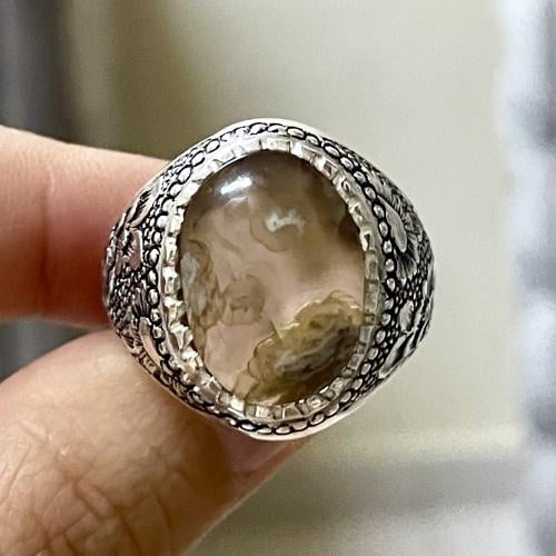 خاتم فضة رجالي بحجر عقيق ورد الربيع الطبيعي