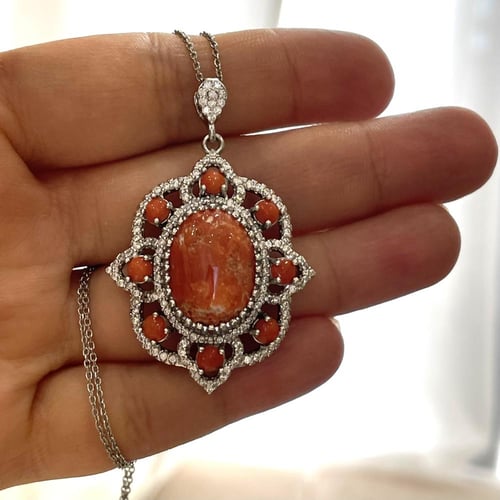 قلادة فضة نسائية بحجر مرجان تونسي طبيعي