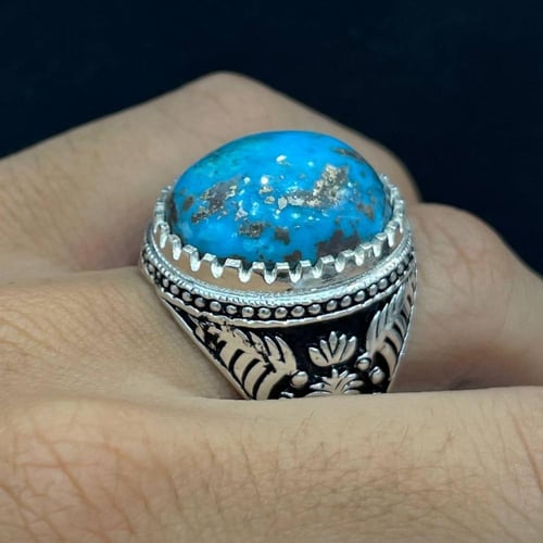 خاتم فضة رجالي بحجر فيروز كرماني طبيعي
