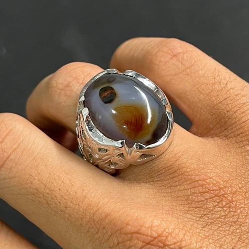 خاتم فضة رجالي بحجر عقيق مصور يماني طبيعي
