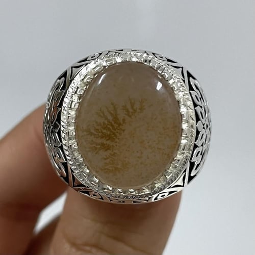 خاتم فضة رجالي بحجر عقيق مشجر يماني طبيعي