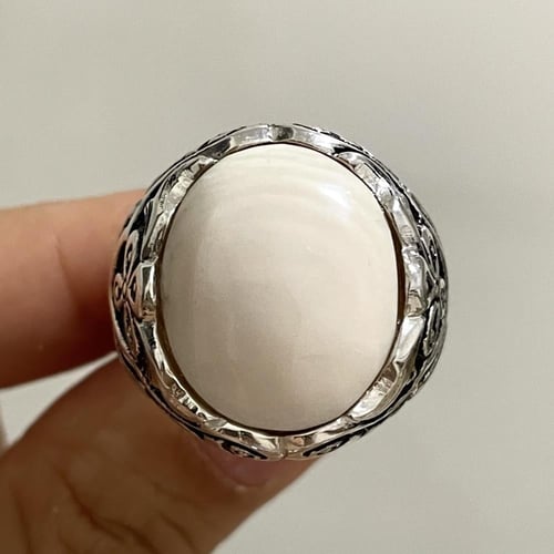 خاتم فضة رجالي بحجر عاج الفيل الطبيعي
