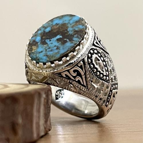 خاتم فضة رجالي بحجر فيروز نيشابوري طبيعي