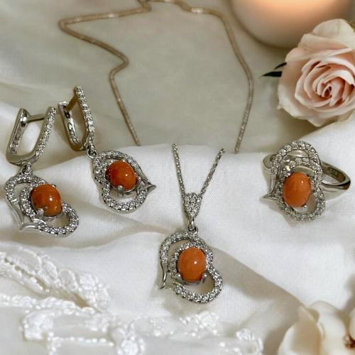 طقم فضة نسائي 3 قطع بحجر مرجان تونسي طبيعي