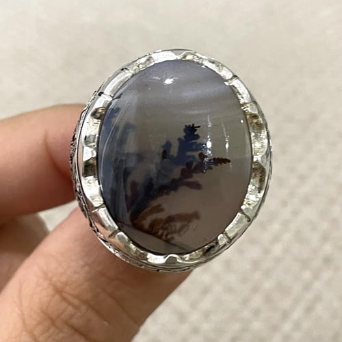 خاتم فضة رجالي بحجر عقيق مشجر يماني طبيعي