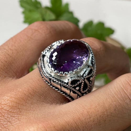 خاتم فضة رجالي بحجر اماتيست ( جمشت )