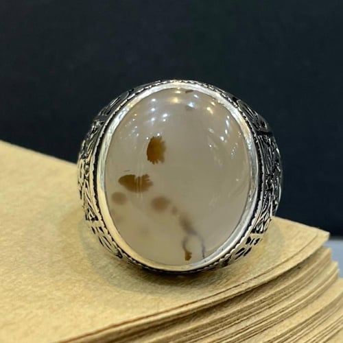 خاتم فضة رجالي بحجر عقيق مشجر يماني طبيعي