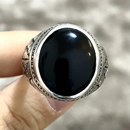 خاتم فضة رجالي بحجر جزع اسود يماني طبيعي