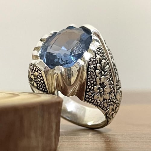 خاتم فضة رجالي بحجر توباز برازيلي لون سويسري