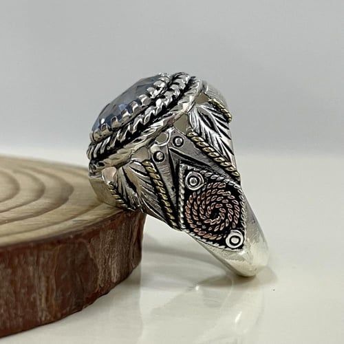 خاتم فضة رجالي مشغول مع نحاس احمر بحجر توباز برازي...