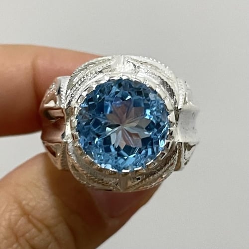 خاتم فضة رجالي بحجر توباز برازيلي لون سويسري