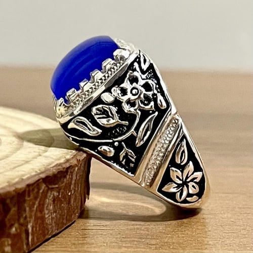 خاتم فضة رجالي بحجر عقيق ازرق يماني *