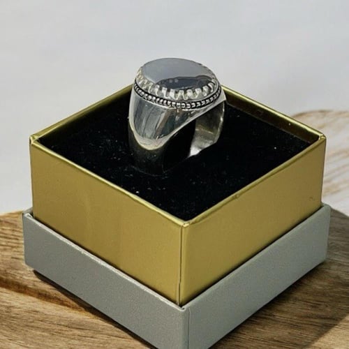 خاتم فضة رجالي بحجر عقيق مصور يماني طبيعي