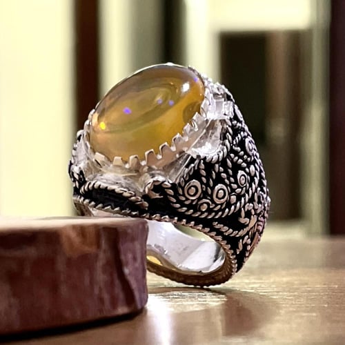 خاتم فضة رجالي بحجر اوبال اثيوبي طبيعي
