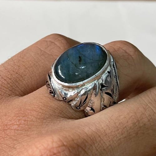 خاتم فضة رجالي بحجر طاووس طبيعي