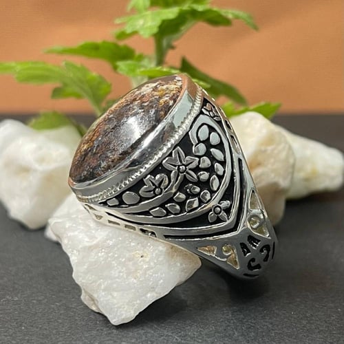 خاتم فضة رجالي بحجر عقيق طحلبي يماني طبيعي
