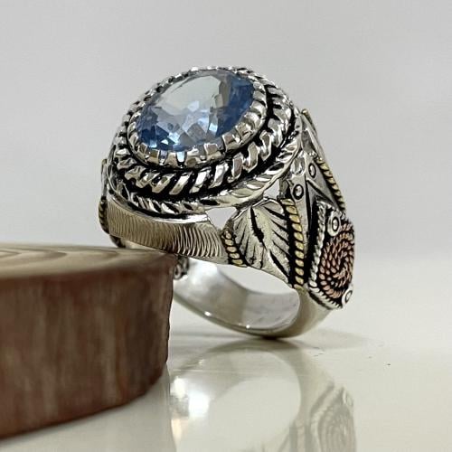 خاتم فضة رجالي مشغول مع نحاس احمر بحجر توباز برازي...