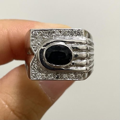 خاتم فضة رجالي بحجر زفير أفريقي ومرصع بالألماس الط...
