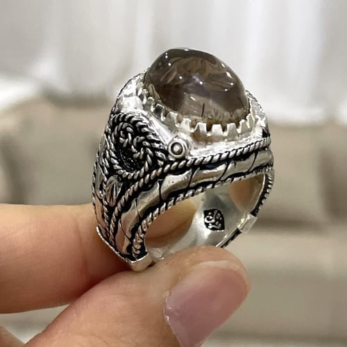 خاتم فضة رجالي بحجر در نهري طبيعي