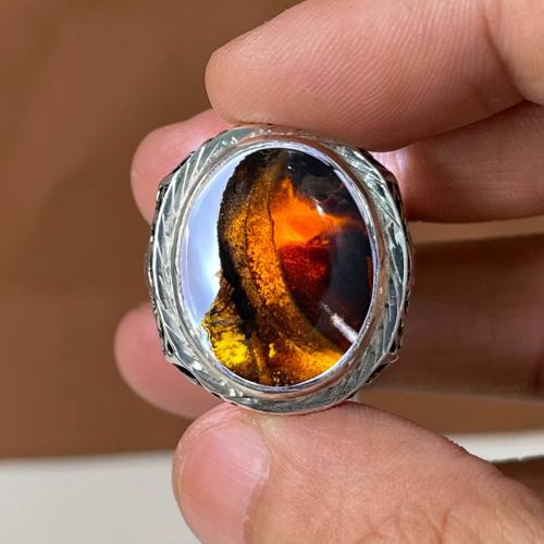 خاتم فضة رجالي بحجر عقيق مصور يماني طبيعي