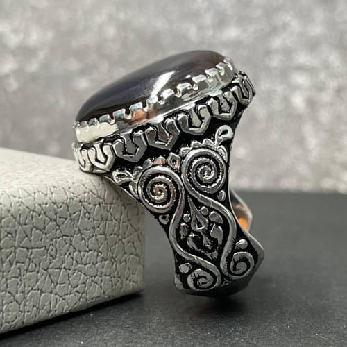 خاتم فضة رجالي بحجر عقيق مصور يماني طبيعي