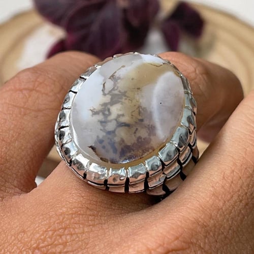خاتم فضة رجالي بحجر عقيق مشجر يماني طبيعي