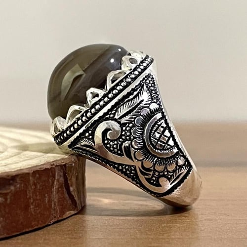 خاتم فضة رجالي بحجر عقيق سليماني طبيعي