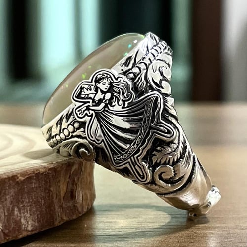 خاتم فضة رجالي بحجر بحجر اوبال اثيوبي طبيعي