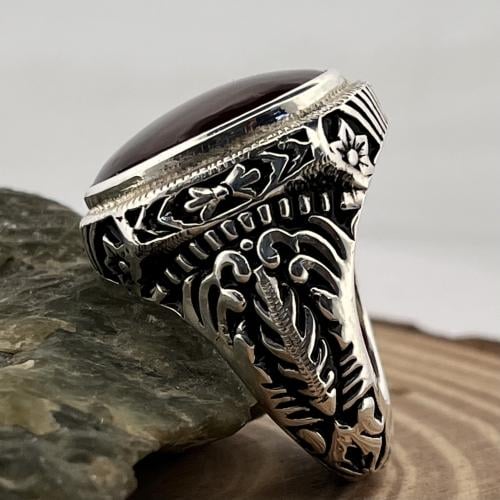 خاتم فضة رجالي بحجر عقيق كرزي انسي يماني طبيعي