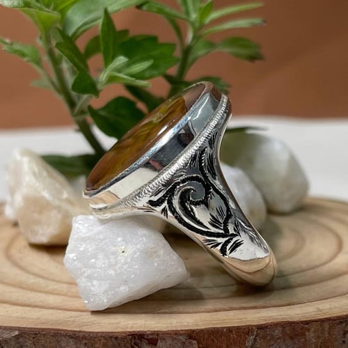 خاتم فضة رجالي بحجر عقيق مصور يماني طبيعي