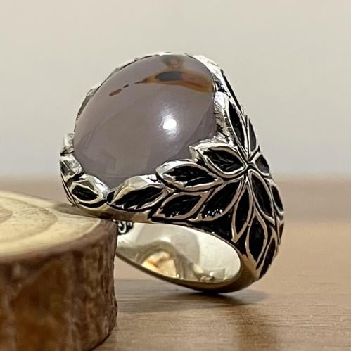 خاتم فضة رجالي بحجر عقيق مصور يماني طبيعي