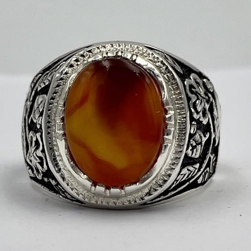 خاتم فضة رجالي بحجر عقيق يماني مشمشي