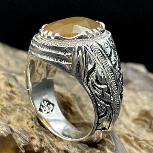 خاتم فضة رجالي بحجر زفير اصفر افريقي