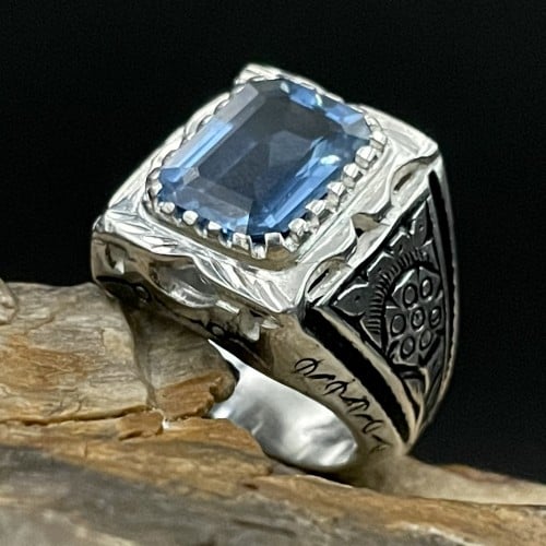 خاتم فضة رجالي بحجر توباز برازيلي لون لندني