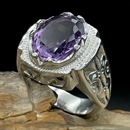 خاتم فضة رجالي بحجر اماتيست ( جمشت )