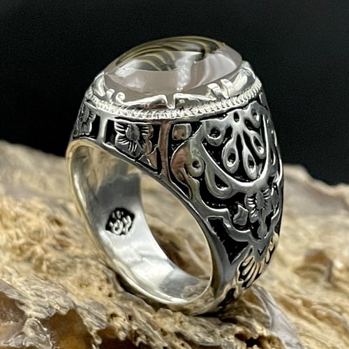 خاتم فضة رجالي بحجر عقيق يماني مصور طبيعي